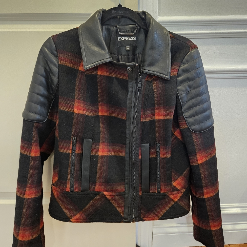Express plaid wool and black vegan leather moto jacket